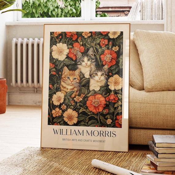 William Morris Inspired Three Kittens Among Red Poppies Floral Poster