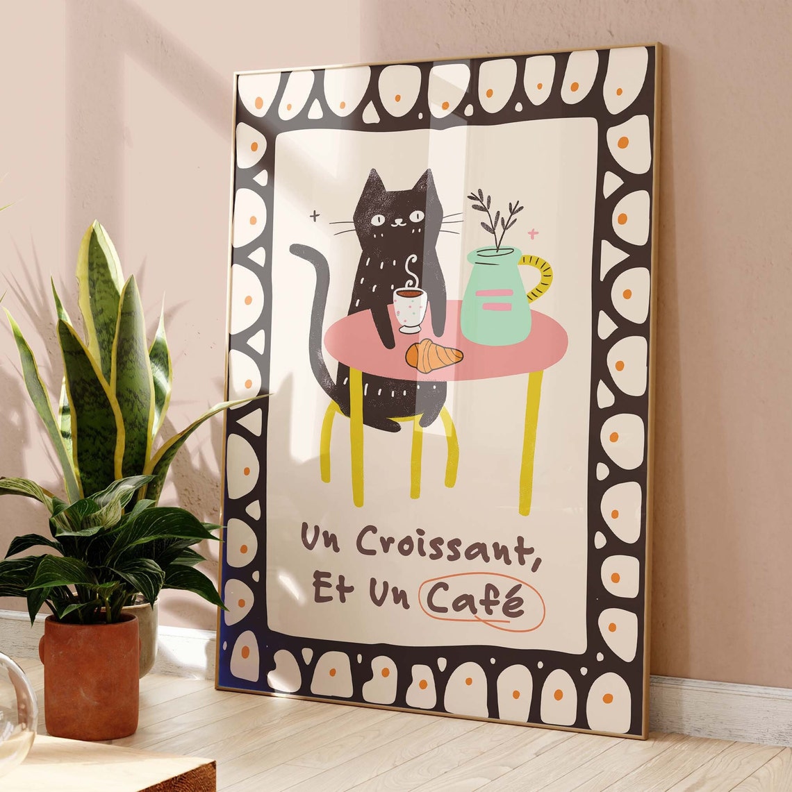 Un Croissant Et Un Cafe Black Cat At French Cafe Table Cute Poster - Image 4