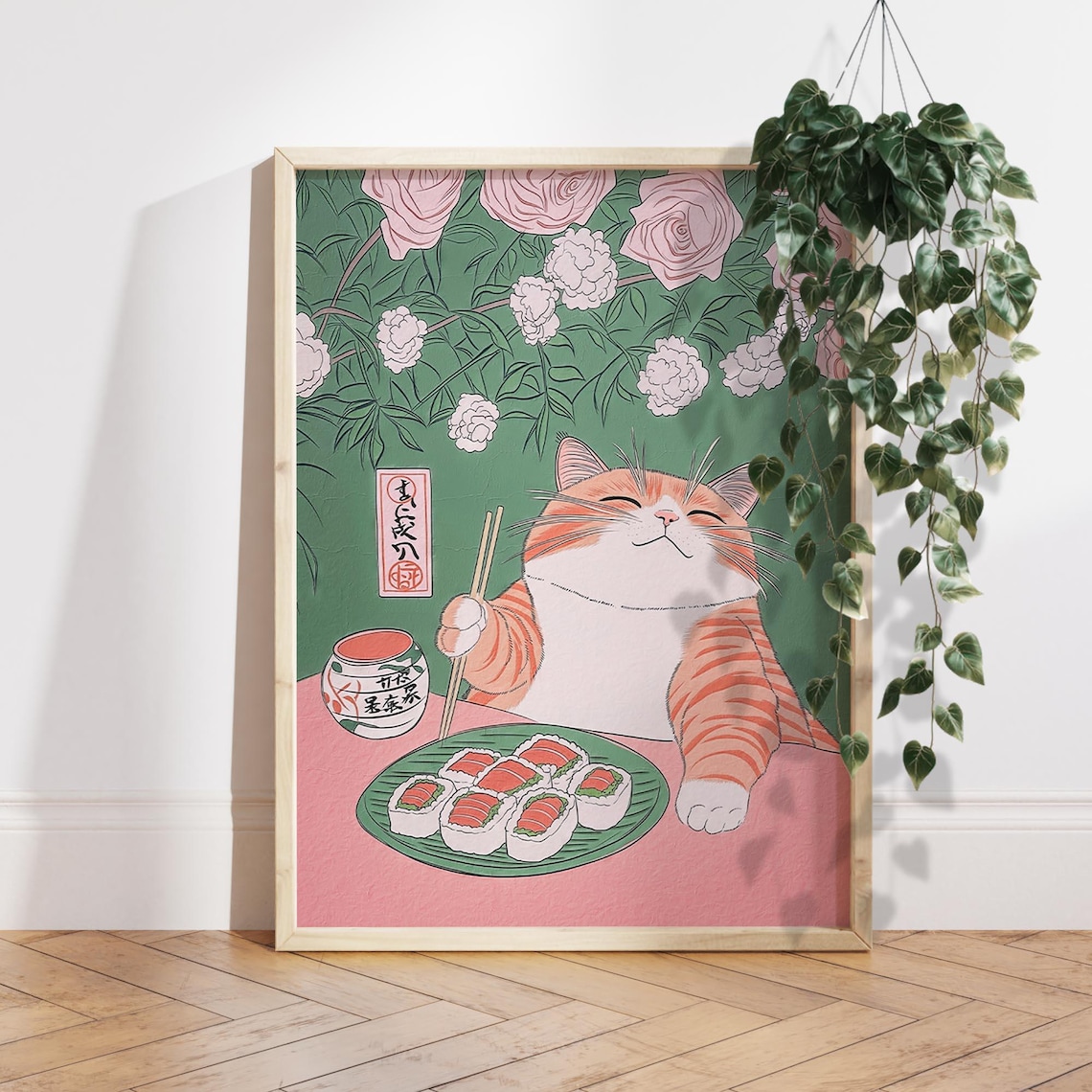 Orange Cat Eating Sushi Japan Minimalist Art Print