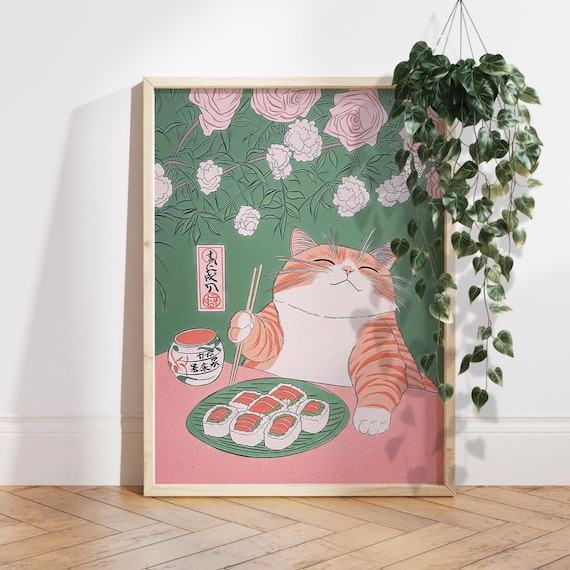 Orange Cat Eating Sushi Japan Minimalist Art Print