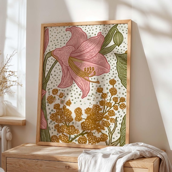 Pink Lily Golden Blossoms Dotted Vintage Botanical Cottagecore Art Poster