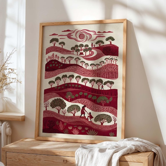 Red Hills Folk Art Landscape Rolling Terraced Trees Cultural Wall Art
