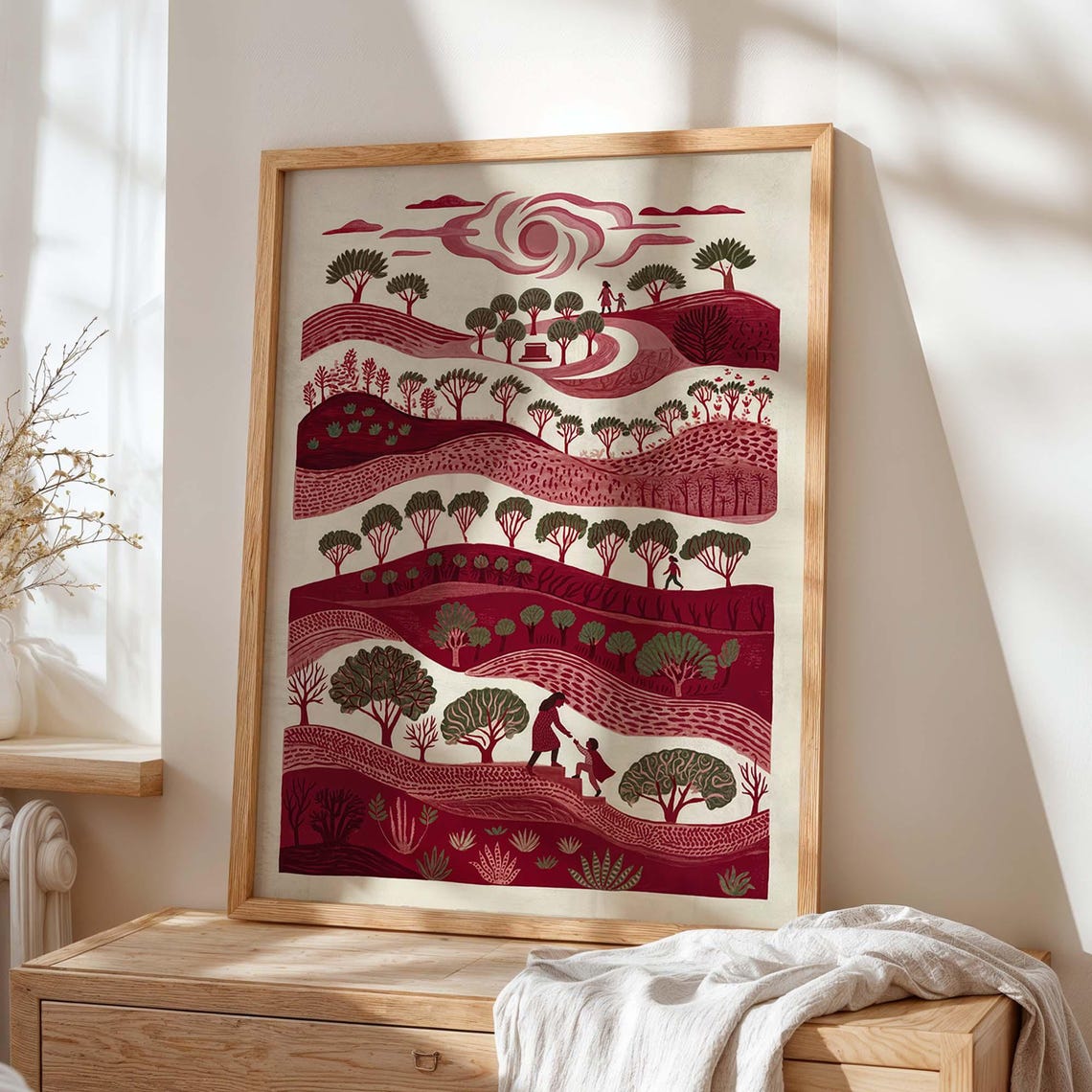 Palestine Folk Art Landscape Print Red Hills Poster Cultural Heritage Decor