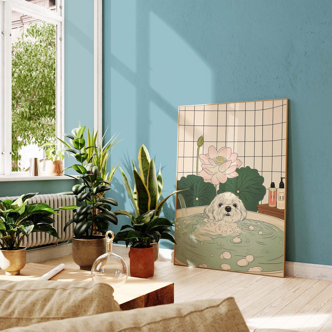White Fluffy Dog Soaking In Japanese Onsen Bath With Lotus Print - Image 2