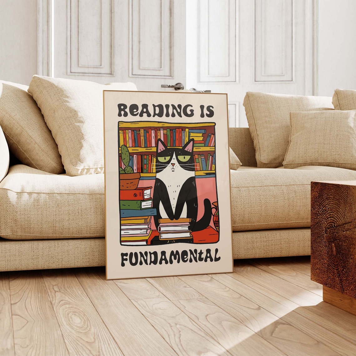 Reading Is Fundamental Retro Cartoon Cat Library Book Poster - Image 3