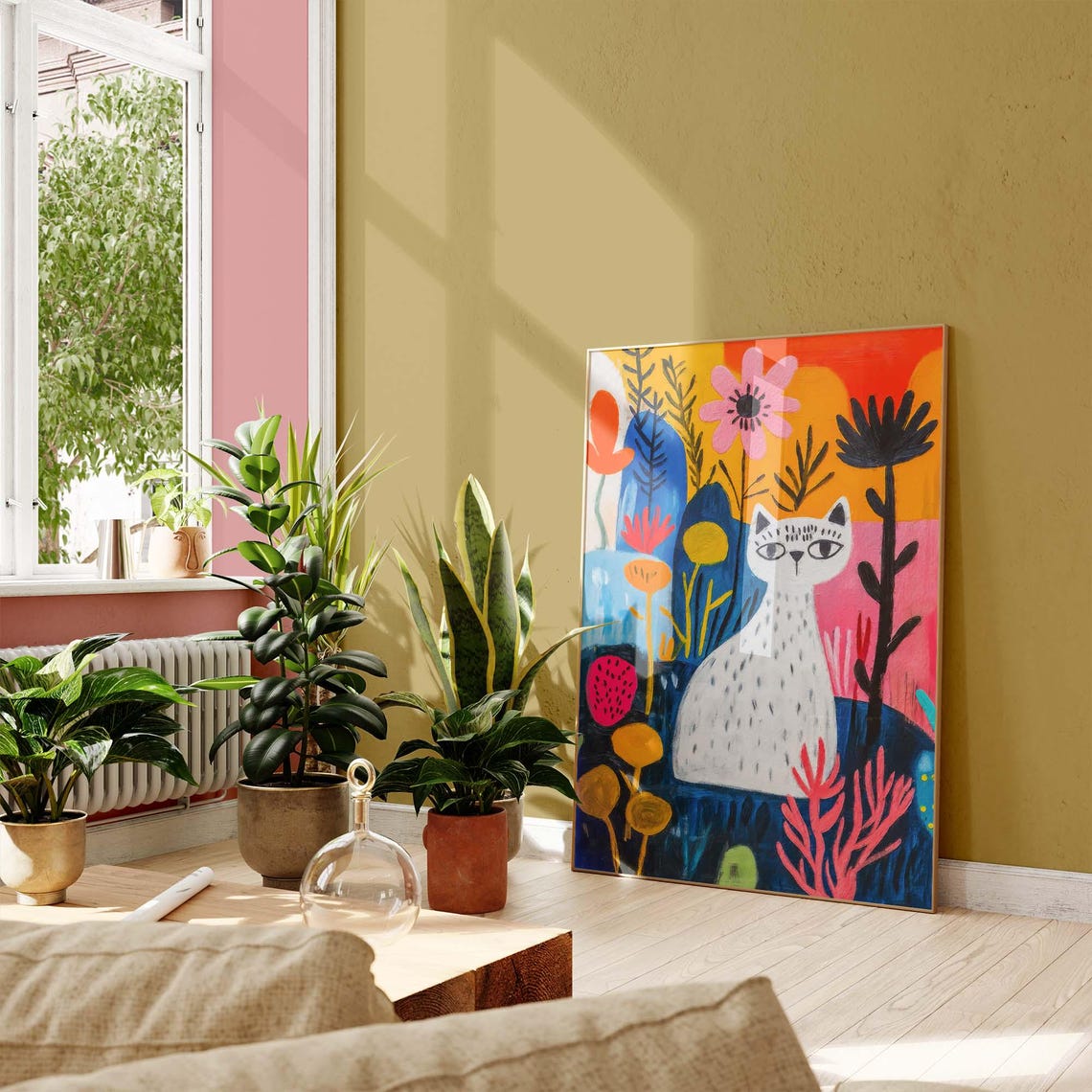 White Cat in Matisse Style Flower Garden Whimsical Art Poster - Image 3