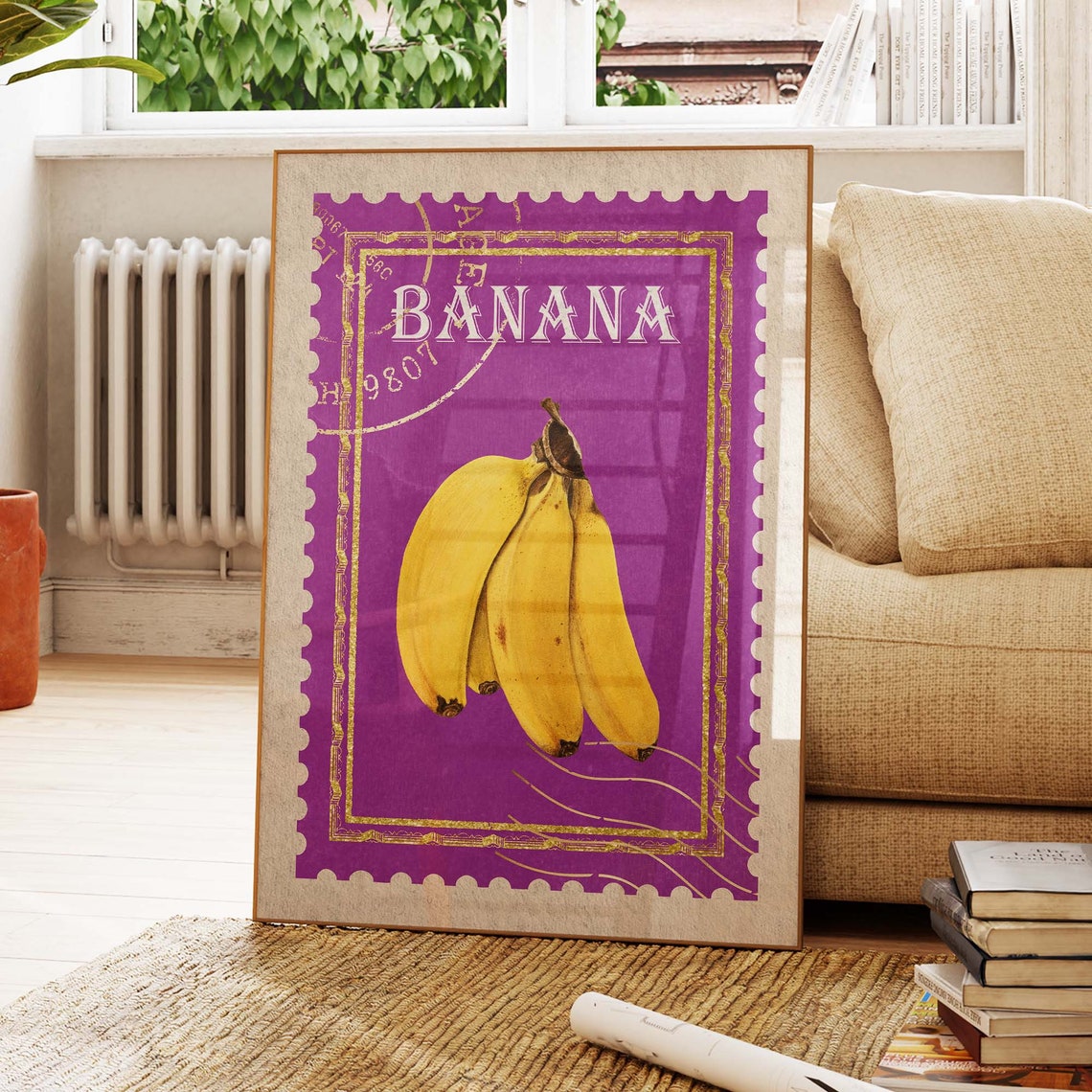 Banana Bunch Vintage Postage Stamp Design on Purple Background Poster