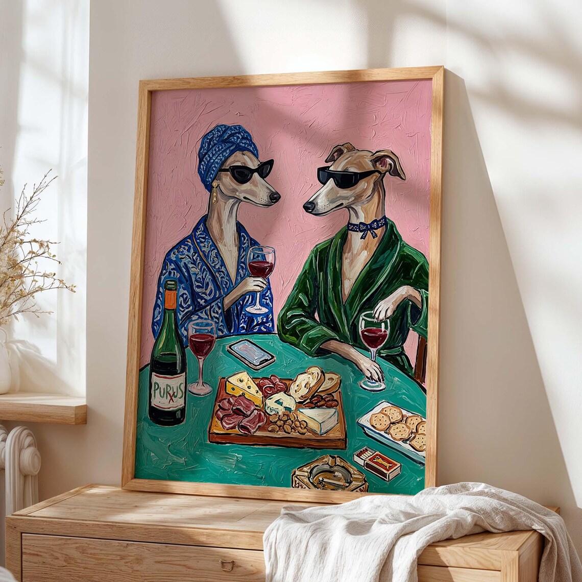 Greyhound Wine Art Print, Maximalist Sighthound