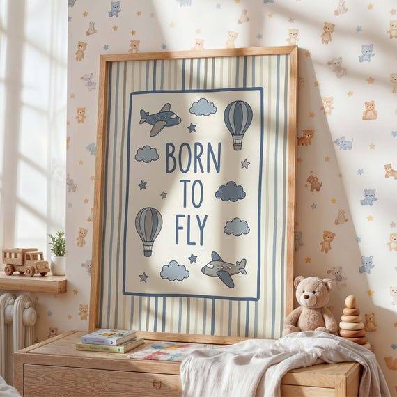 Airplane Nursery Wall Art Print Born To Fly Poster Blue Baby Boy Room Decor Hot Air Balloon Kids Bedroom