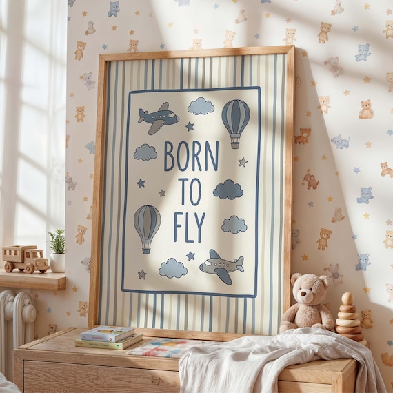 Born To Fly Airplane Nursery Baby Room Blue Adventure Art Print