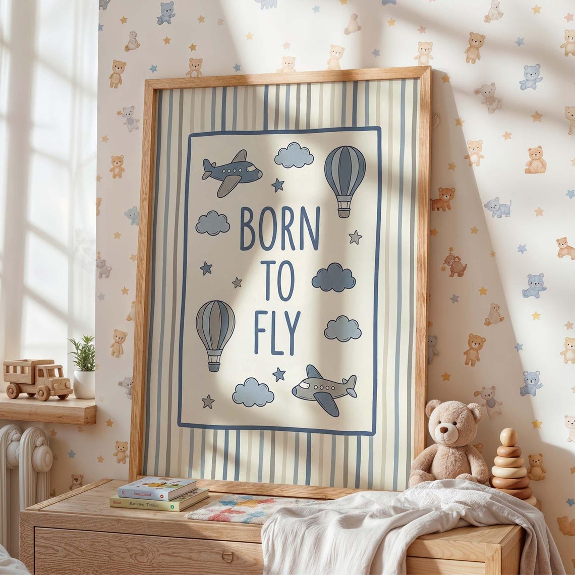 Born To Fly Airplane Nursery Baby Room Blue Adventure Art Print