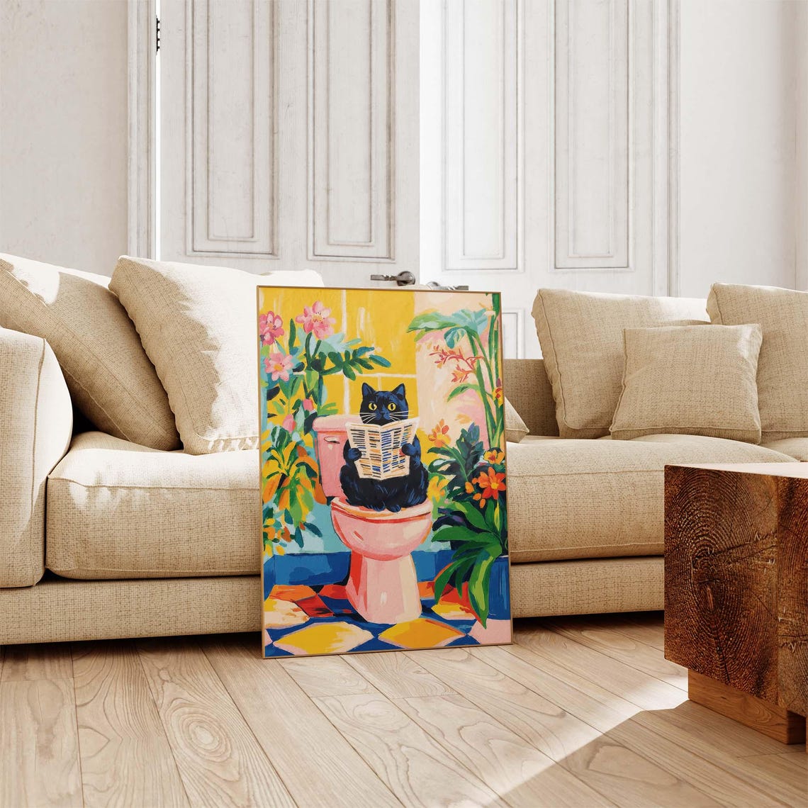 Black Cat Reading Newspaper on Toilet Tropical Matisse Poster - Image 3
