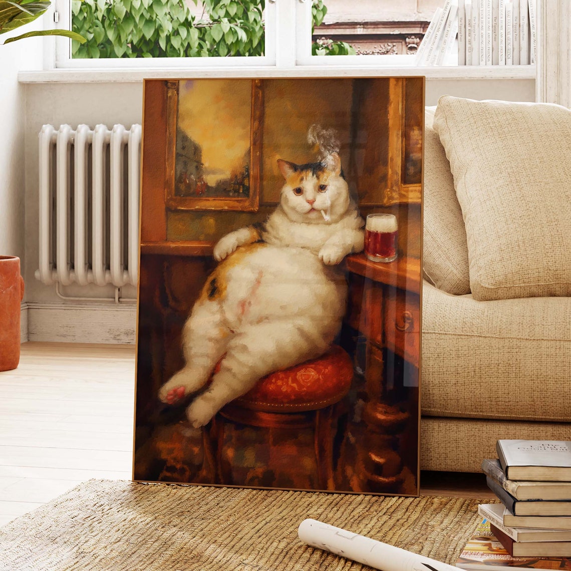Chubby Calico Cat With A Cigarette And Beer At A Bar Vintage Poster