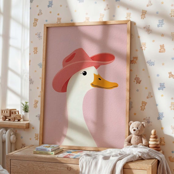 Cowgirl Goose Nursery Print Pink Western Baby Room Decor Whimsical Farm Animal Poster