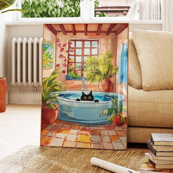Black Cat Peeking From Bathtub Sunlit Bathroom Plant Art Poster