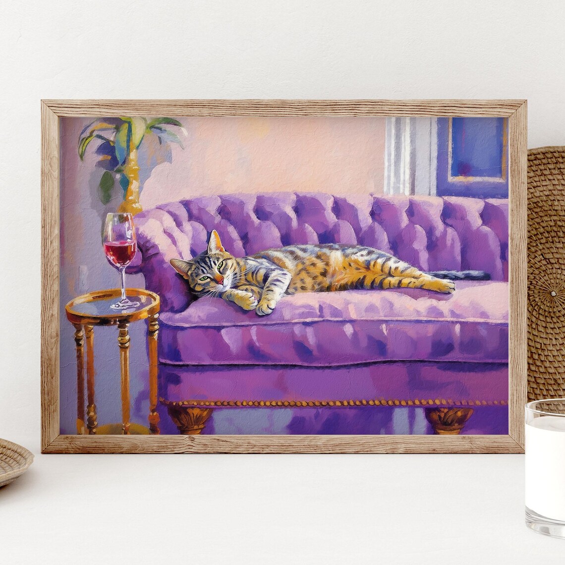 Tabby Cat With Red Wine, Quirky Bar Cart Art Print
