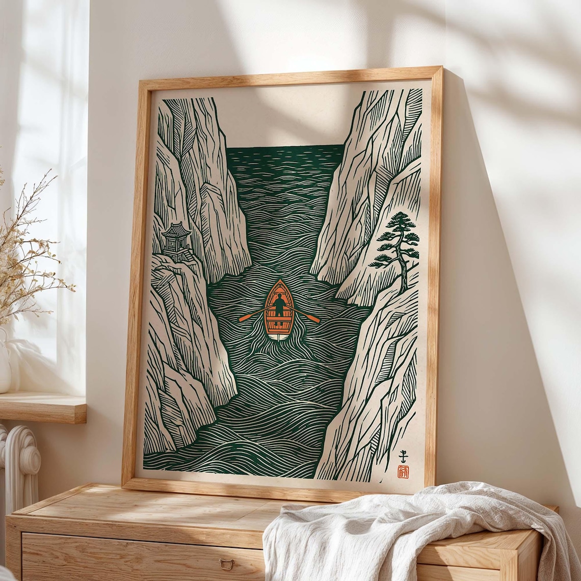 Japanese Landscape Poster, Minimalist Boat Coastal Art