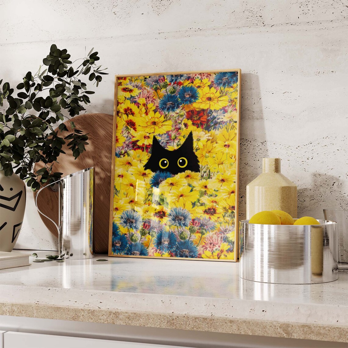 Black Cat Hiding Among Yellow And Blue Wildflowers Botanical Art Poster - Image 4