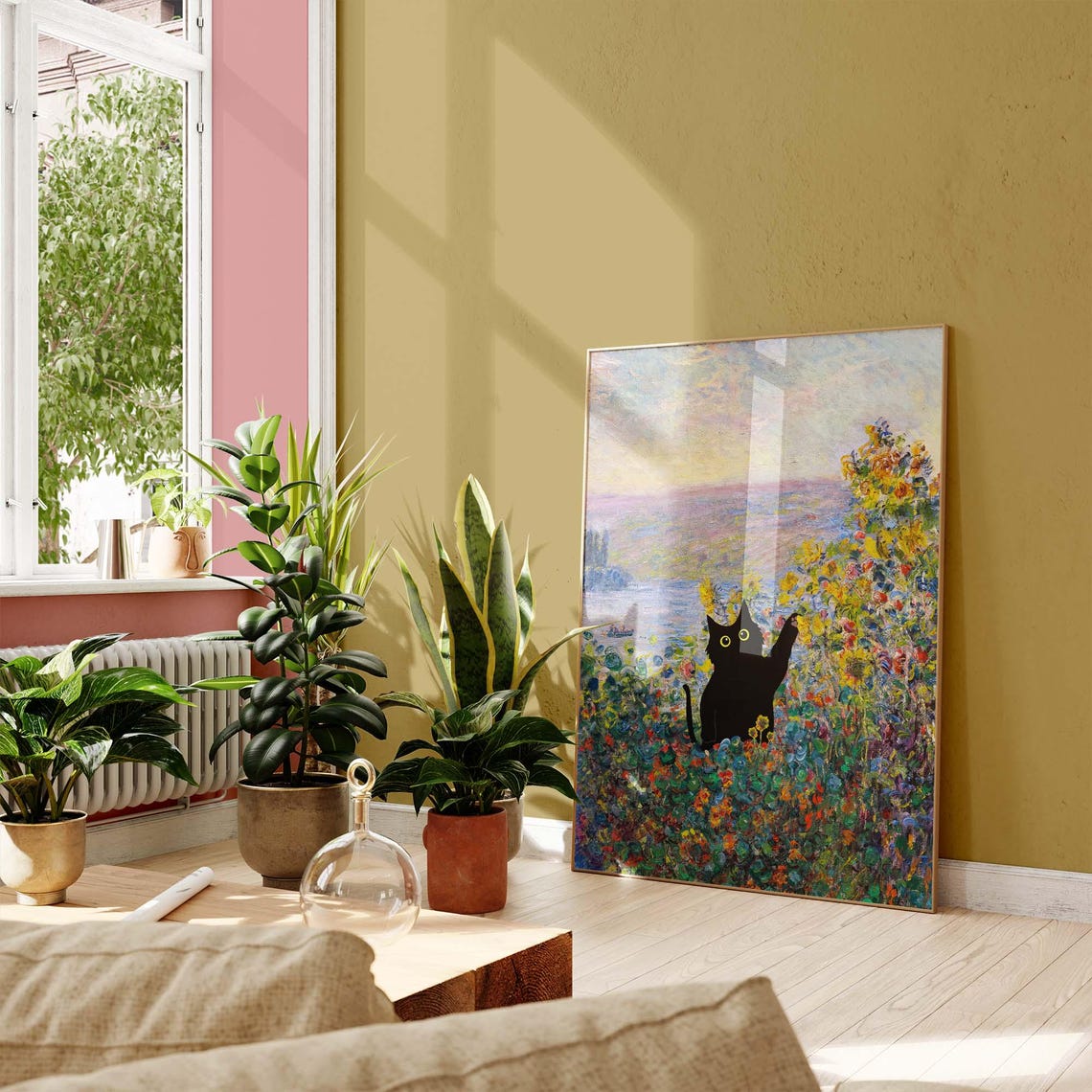Black Cat Among Monet Style Wildflowers by the Blue Water Poster - Image 2