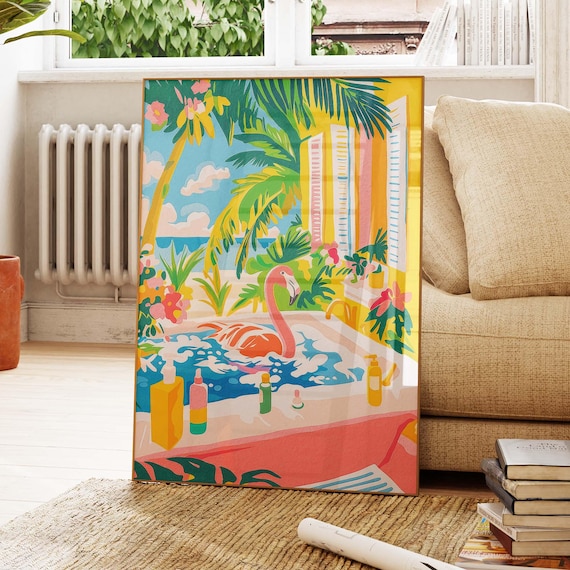 Flamingo In Bathtub Tropical Bathroom Bubble Bath Fun Wall Art