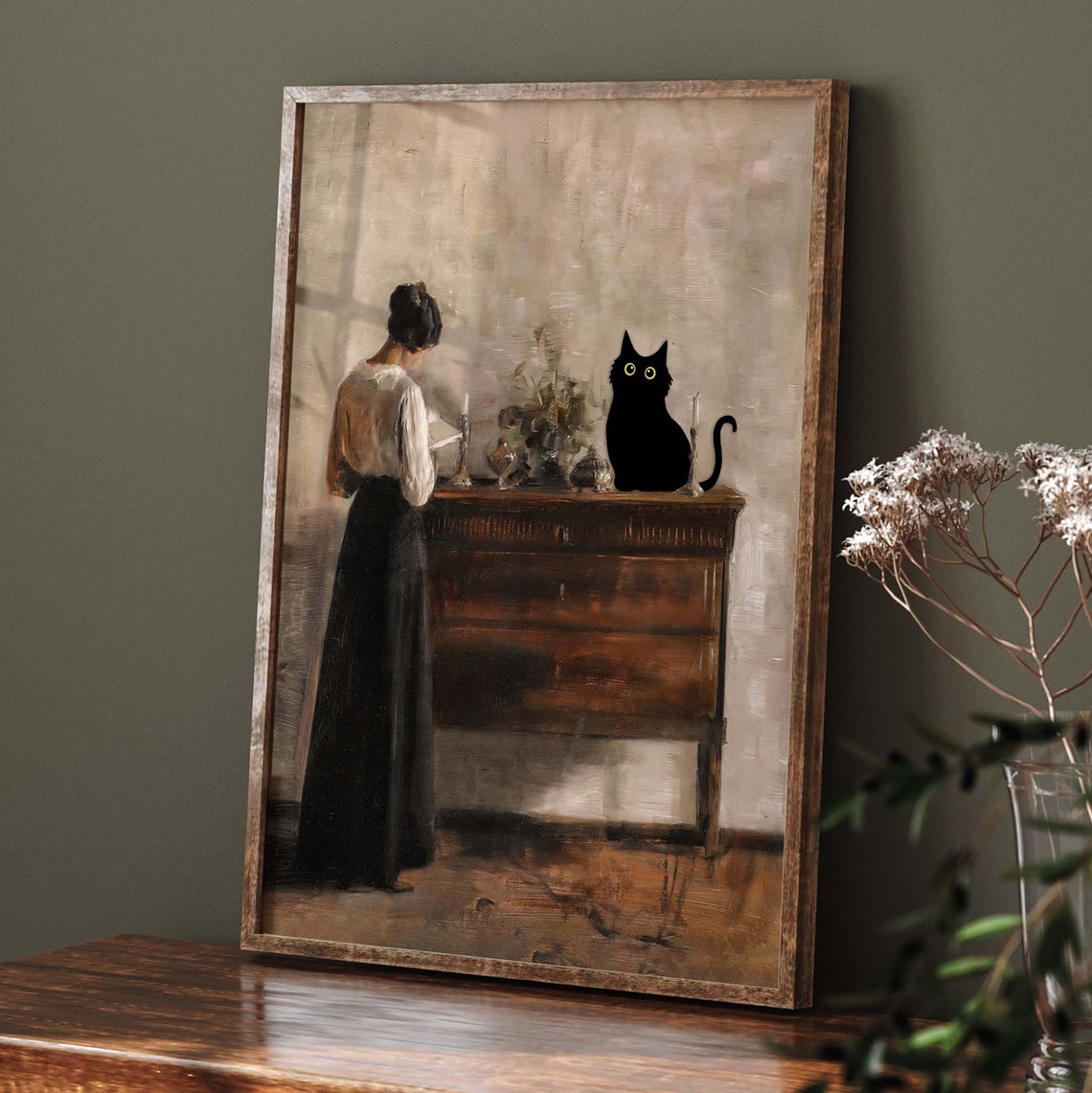Black Cat Sitting on Dresser Vintage Interior Oil Painting Poster - Image 3