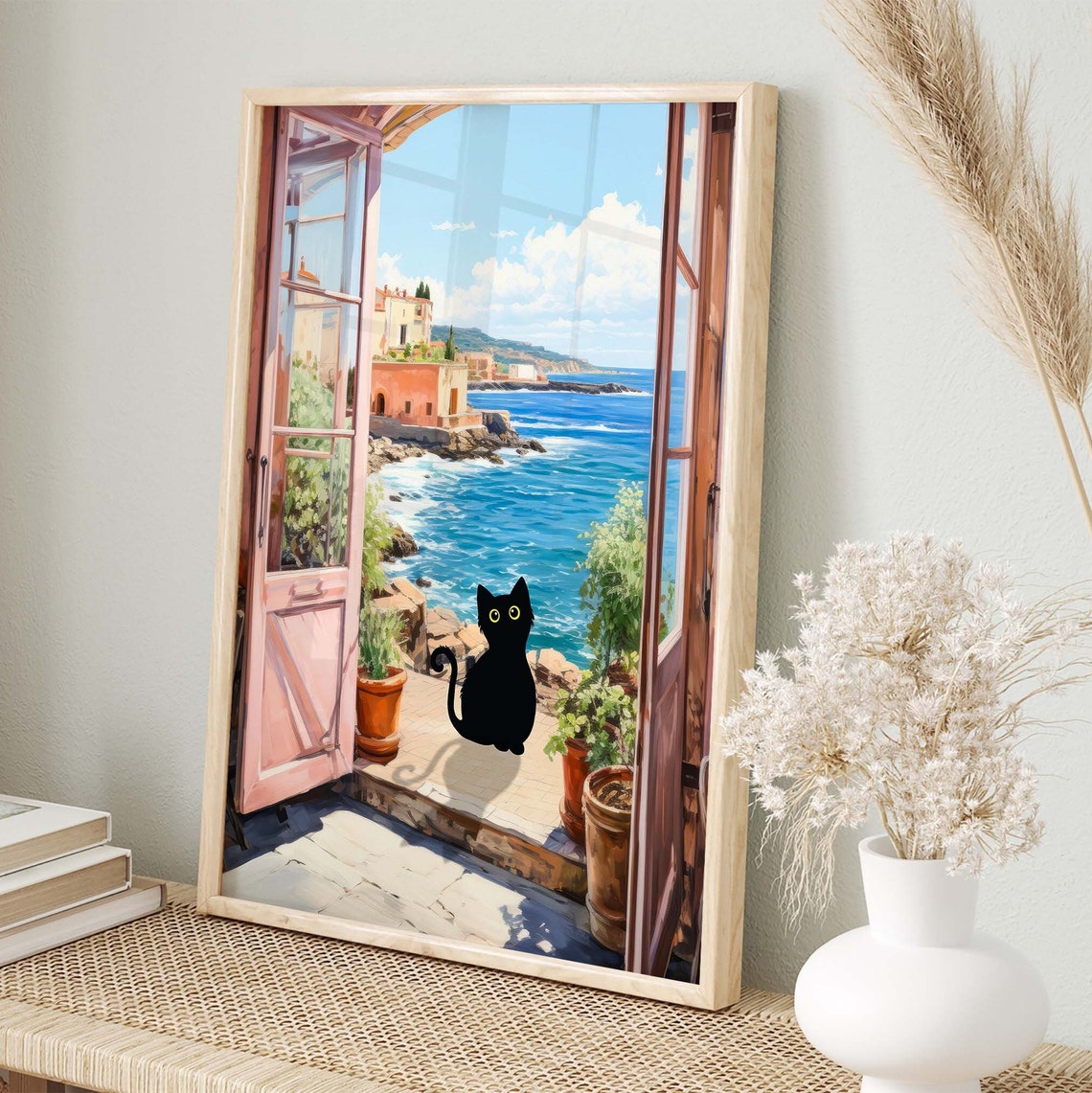 Black Cat On Sunny Coastal Terrace With Sea View Funny Cat Poster - Image 2