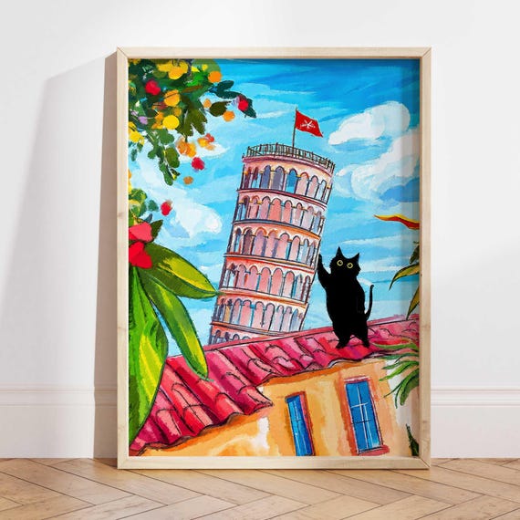 Tower Of Pisa With Black Cat Print Italy Art Poster Funny Italian Travel Home Wall In Painting Lover Gift Ps0623