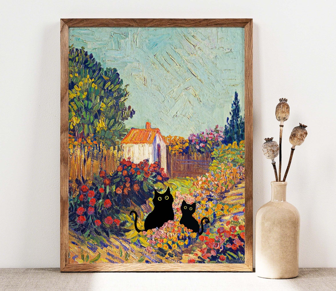 Two Black Cats In Van Gogh Inspired Garden With Orange Cottage Poster