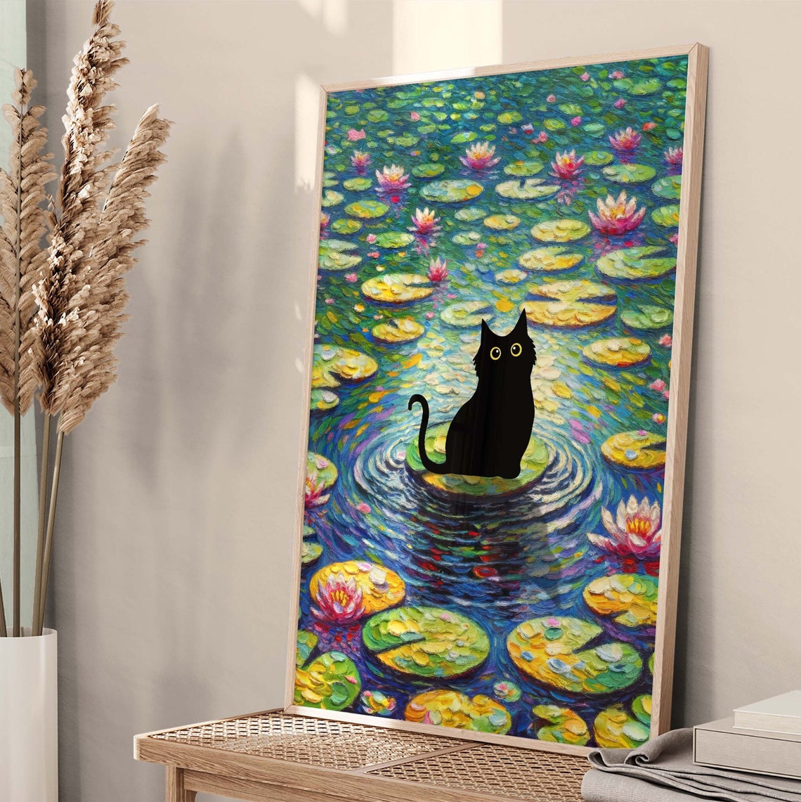 Black Cat on Lily Pad in a Vibrant Water Lily Pond Art Poster - Image 2