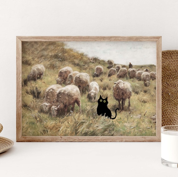 Black Cat Standing Among Sheep In Pastoral Countryside Painting Poster