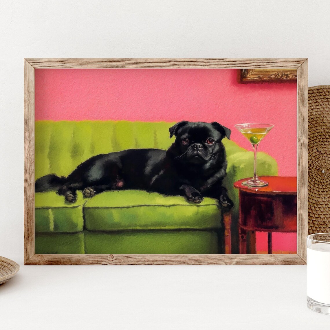 Black Pug With Martini, Cocktail Bar Cart Decor