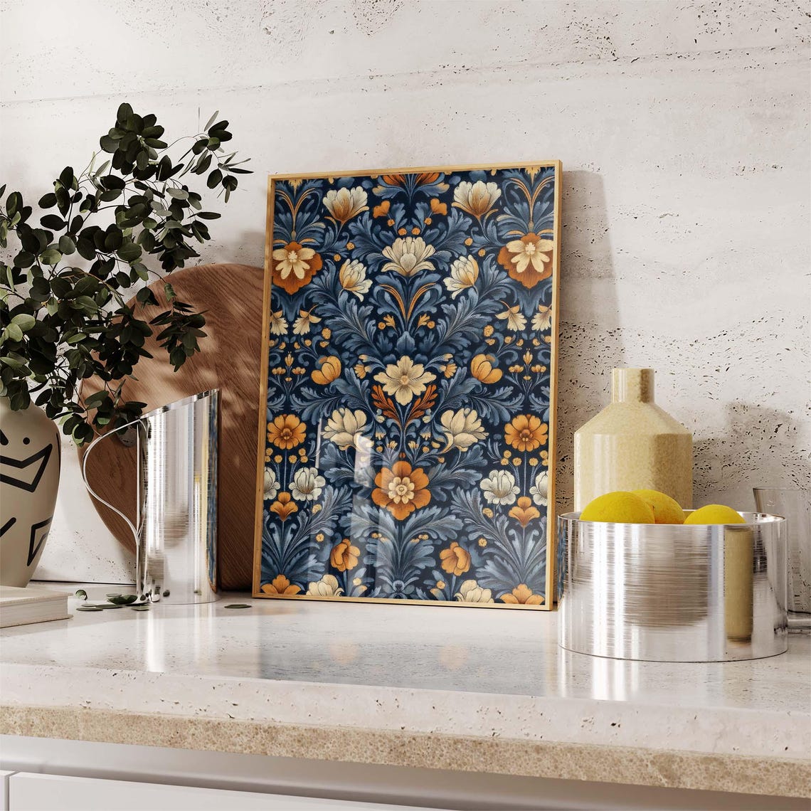 William Morris Style Floral Pattern with Orange Blooms on Navy Poster - Image 2