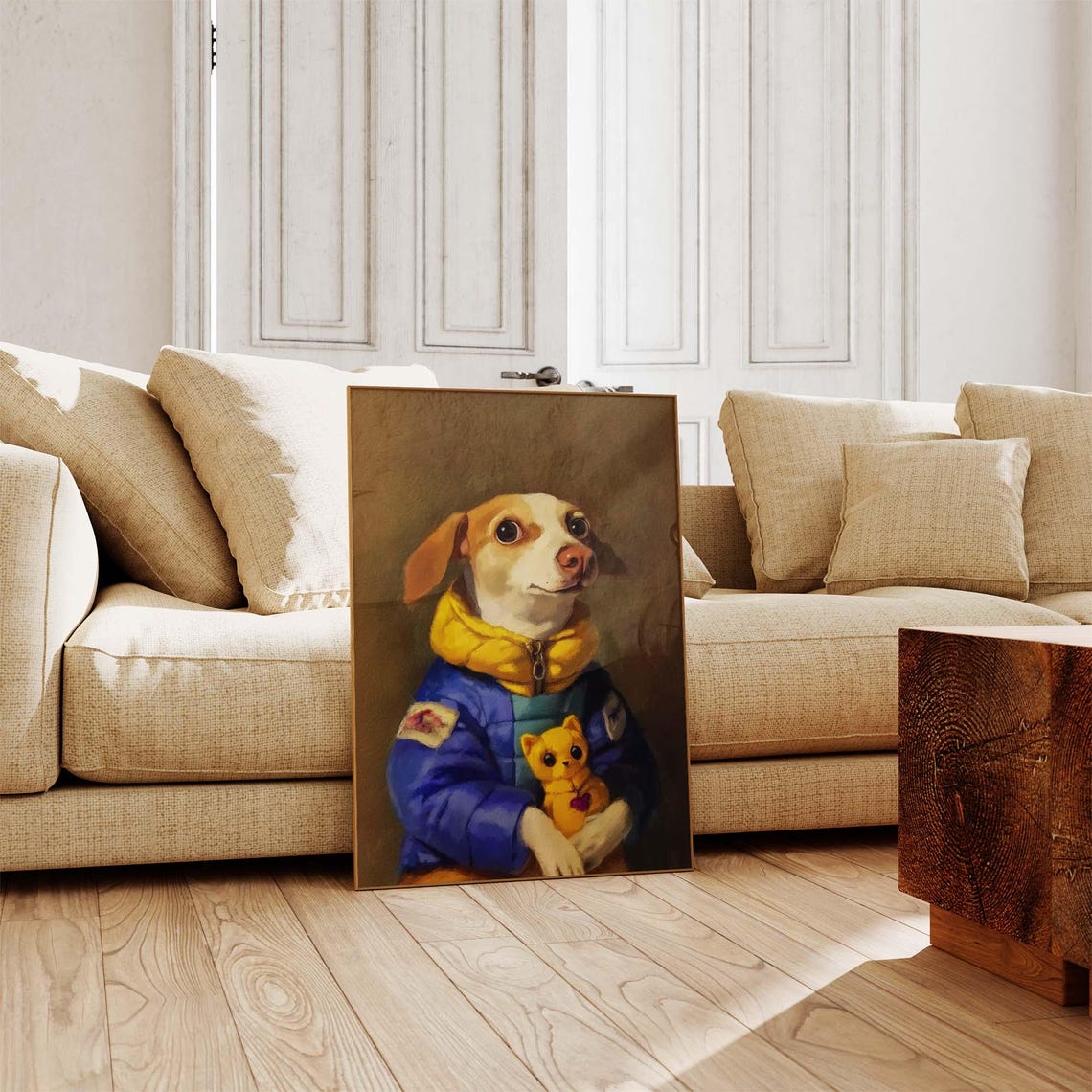 Puppy In A Blue Puffer Jacket Holding A Yellow Teddy Cat Poster - Image 4