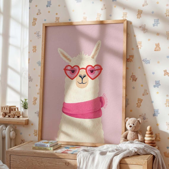 Pink Llama Nursery Art Heart Glasses Alpaca Poster Girls Room Animal Decor