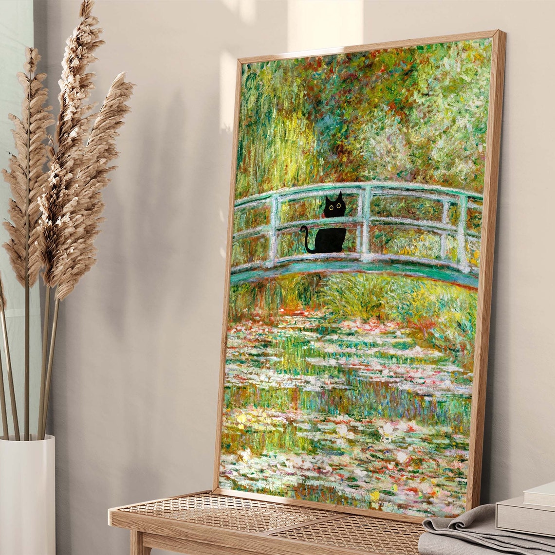 Black Cat Standing On Monet Water Lily Garden Bridge Art Poster - Image 4