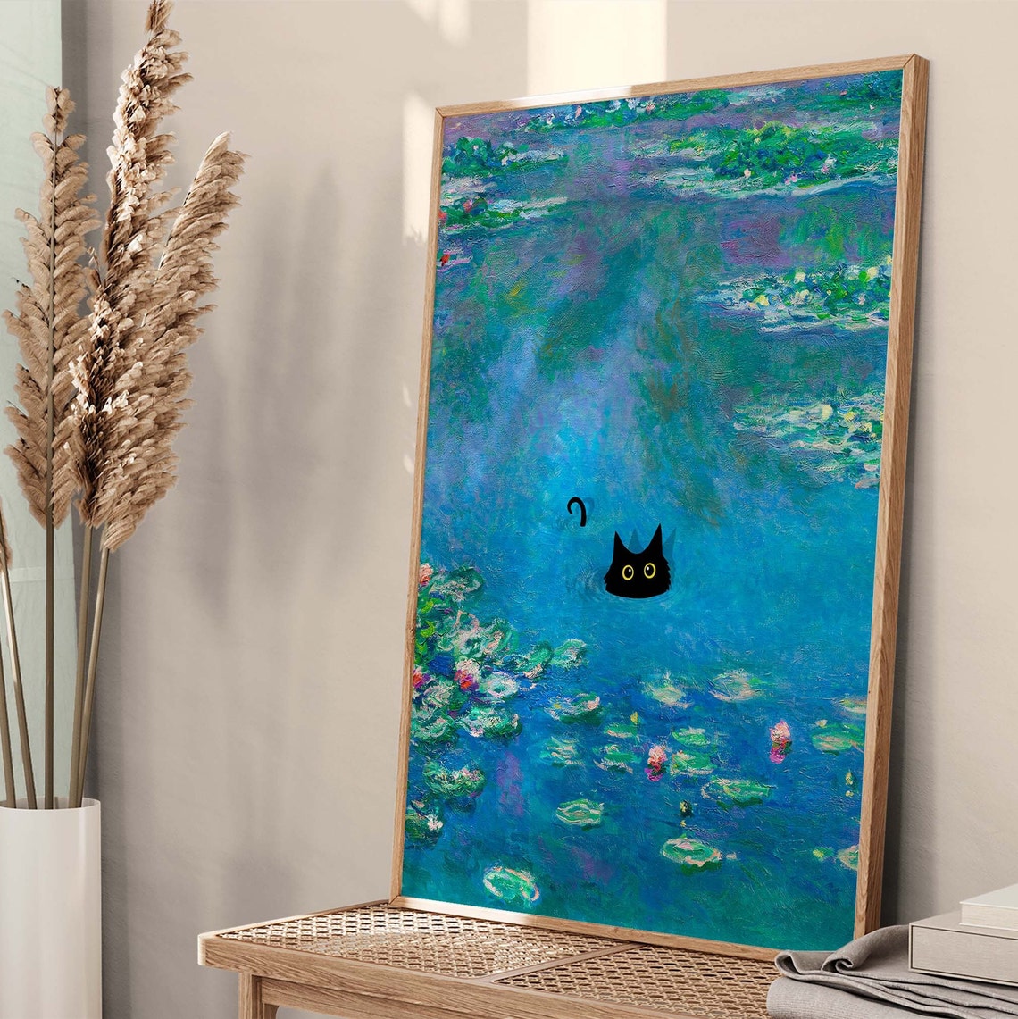 Black Cat Swimming In Monet Water Lily Pond With Blooms Poster - Image 4