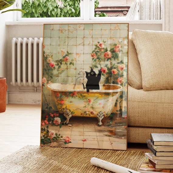 Black Cat In A Vintage Floral Clawfoot Bathtub Wall Decor Poster
