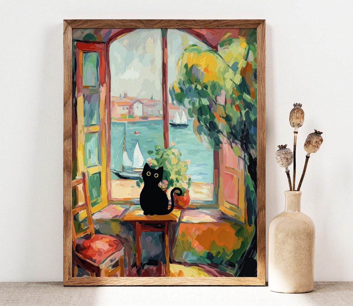 Black Cat At An Open Window Overlooking A Sailboat Harbor Poster