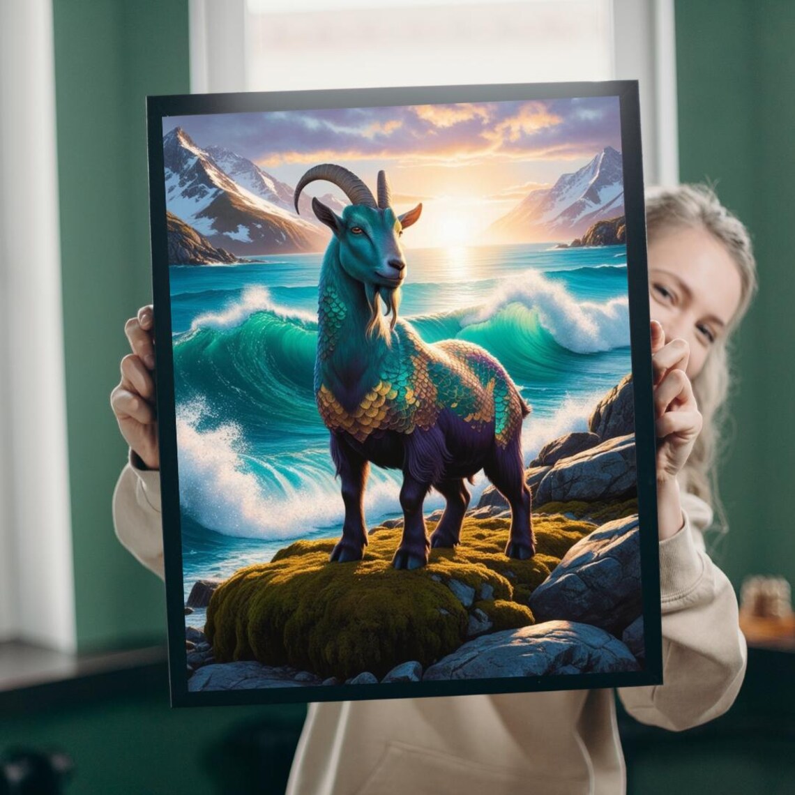 Capricorn Zodiac Mystical Sea Goat on Ocean Cliffs Art Poster