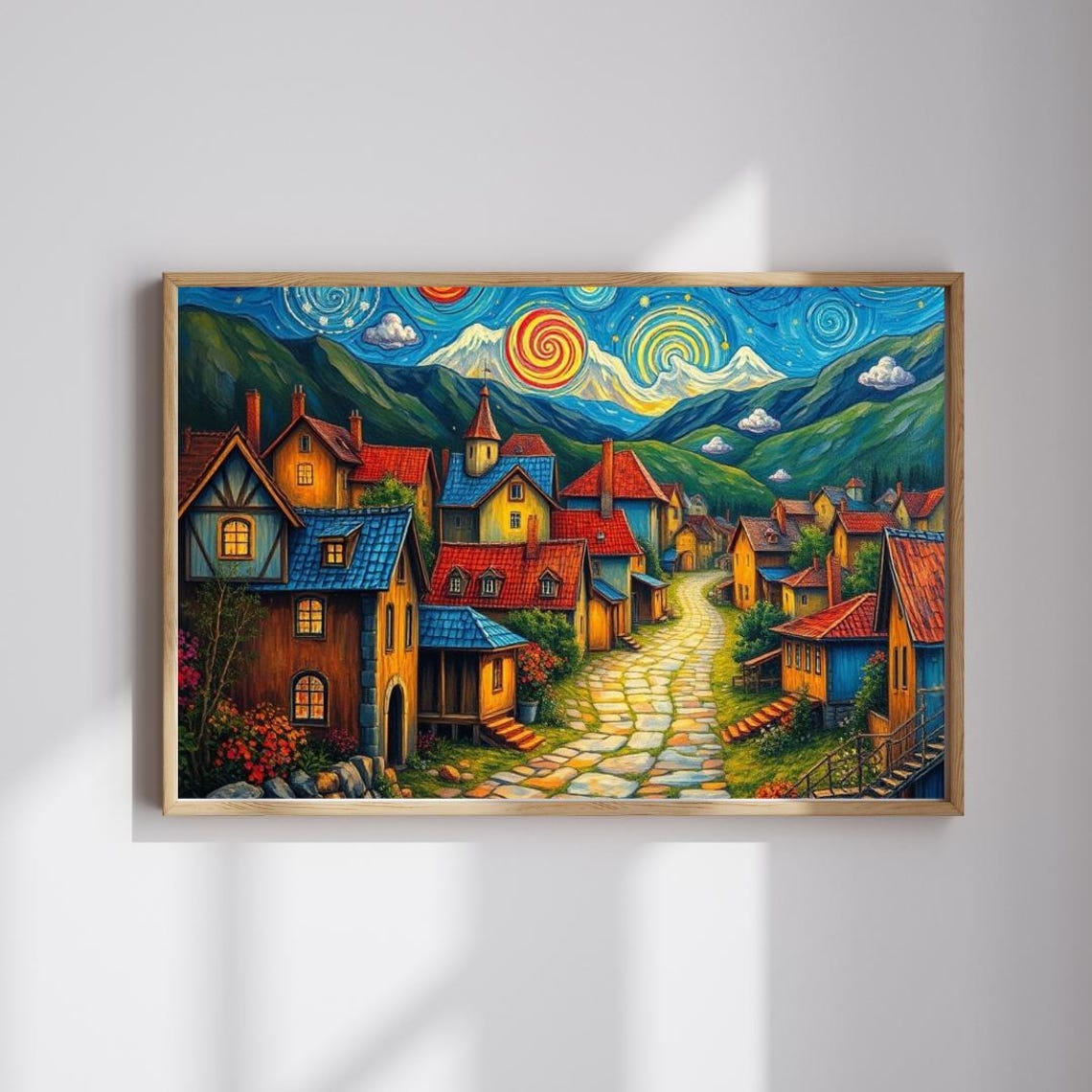 Mountain Village Dusk Cobblestone Path Starry Sky Folk Poster