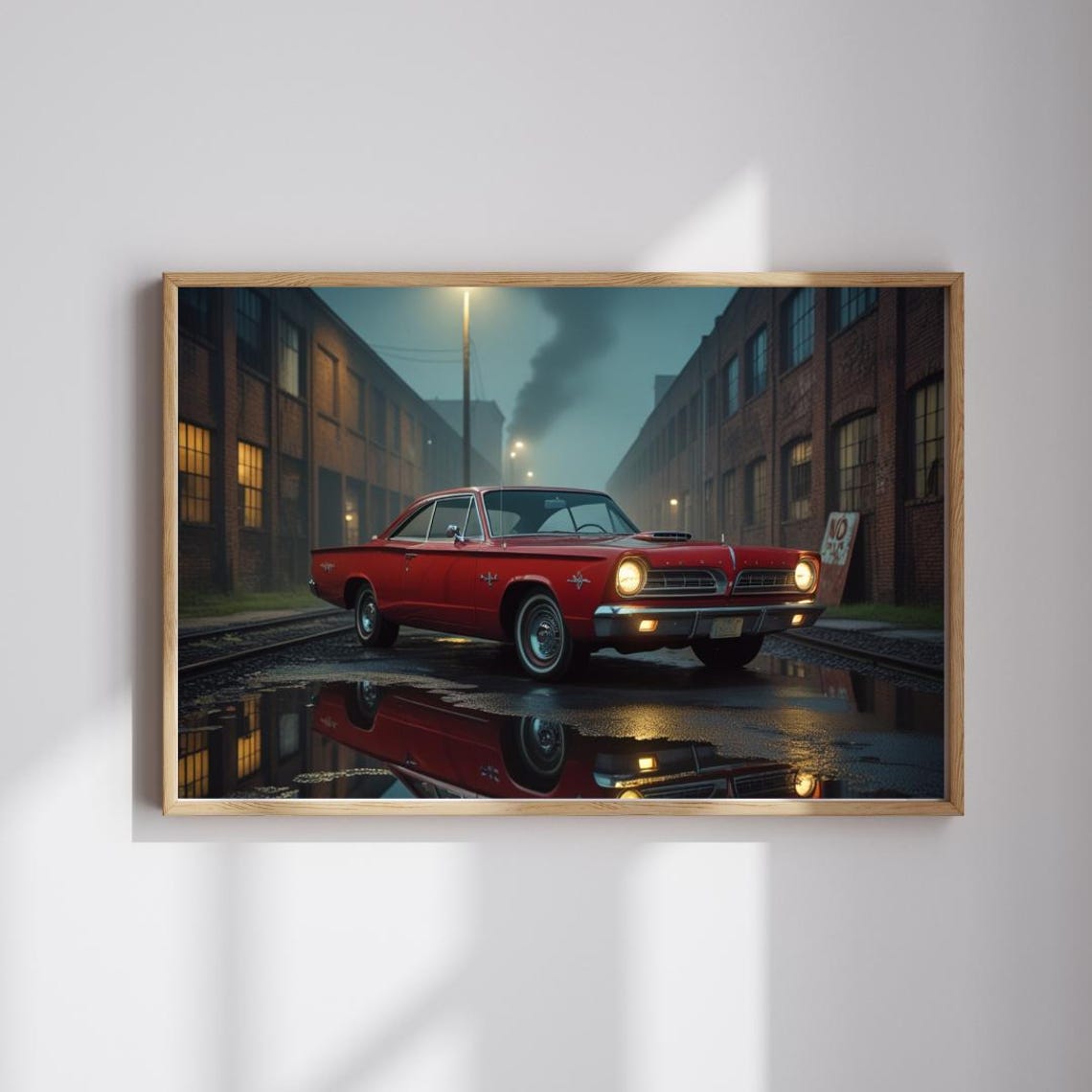 Classic Red 1960s American Coupe On Rainy Night Street Poster