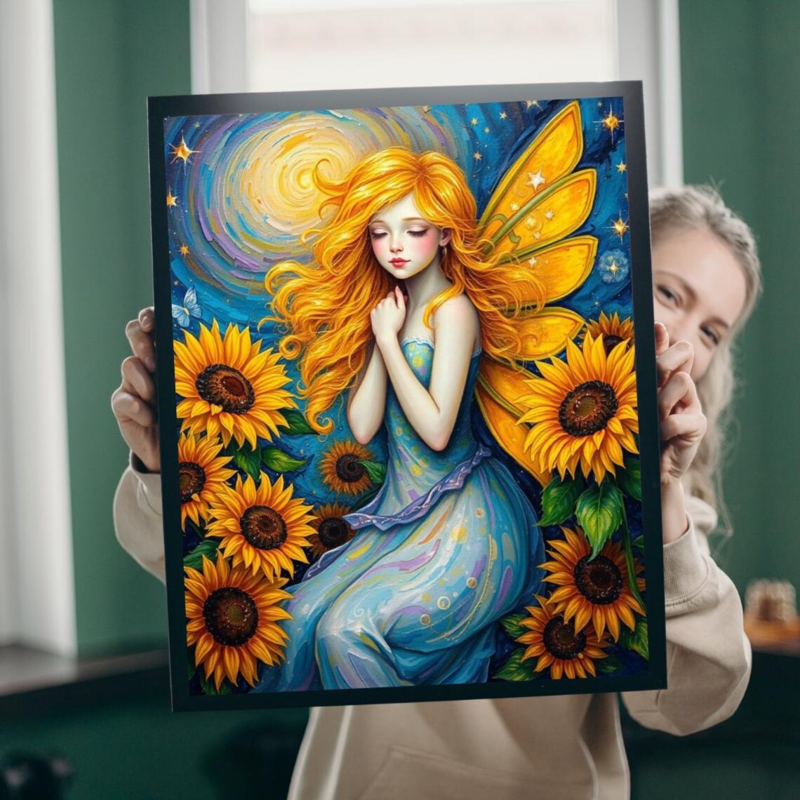 Golden Fairy Among Sunflowers Magical Fantasy Starry Night Poster