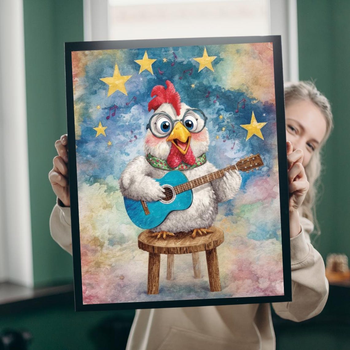 Whimsical White Chicken Musician Playing Blue Guitar Starry Poster