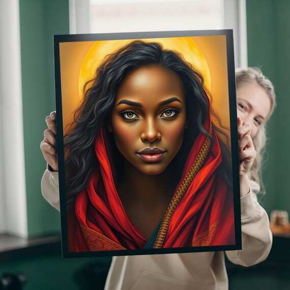 Woman Portrait Red Scarf Golden Moon Radiant Beauty Art Print
