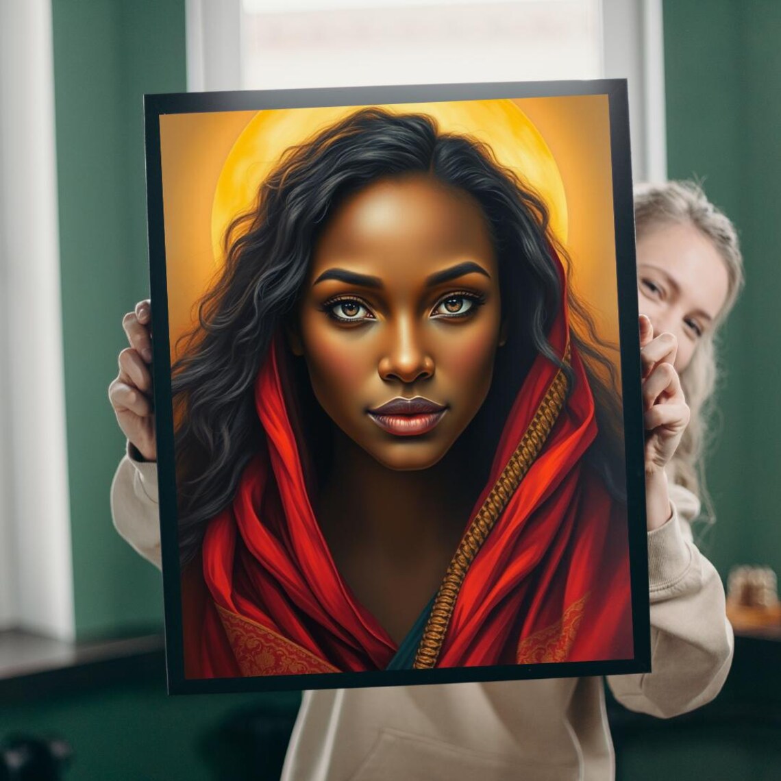 Woman Portrait Red Scarf Golden Moon Radiant Beauty Art Print