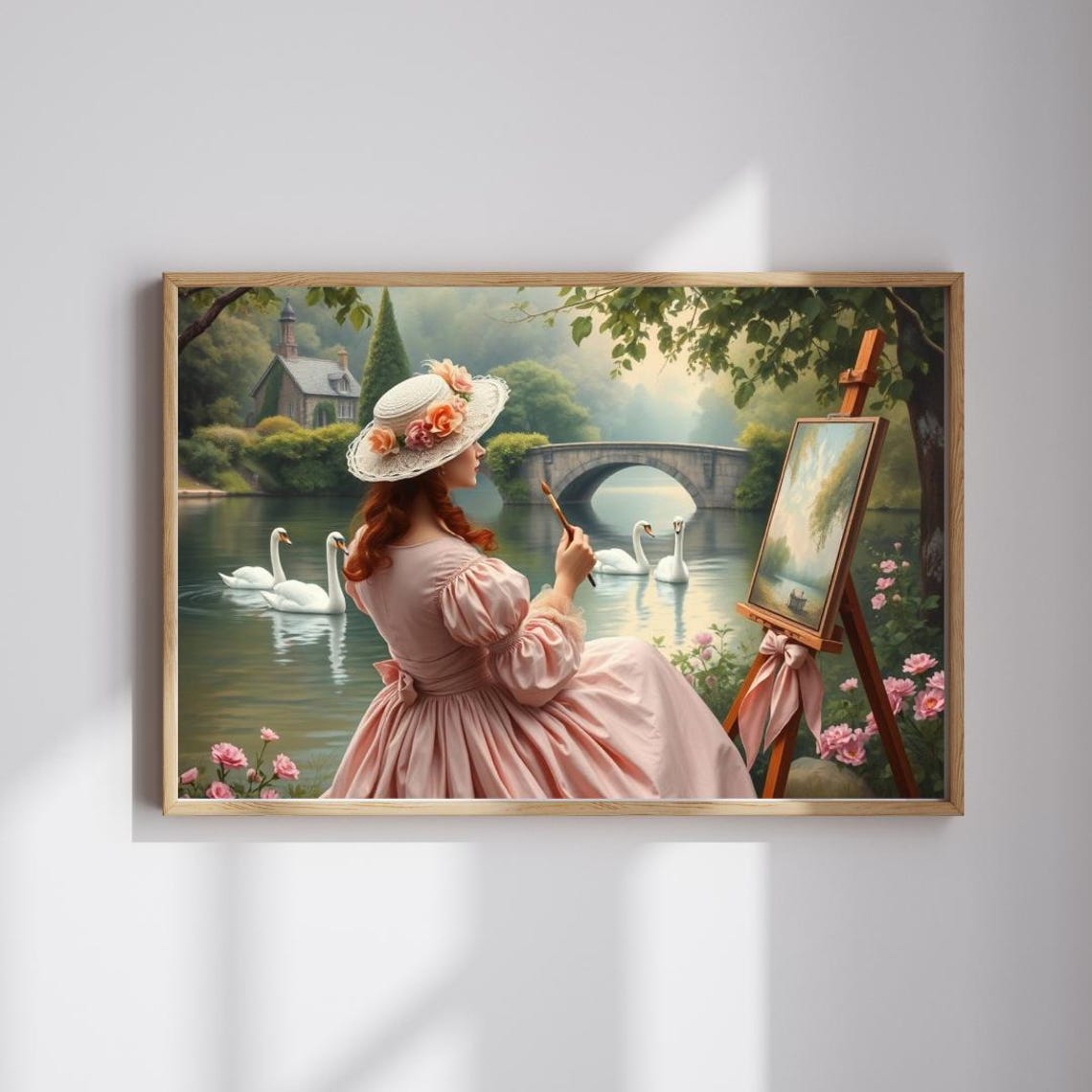 Victorian Woman Painting Swans at Easel by River Garden Poster
