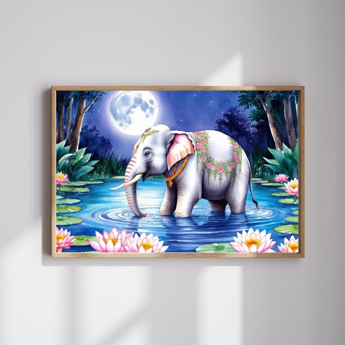 Majestic White Elephant Under Full Moon Lotus Pond Night Poster