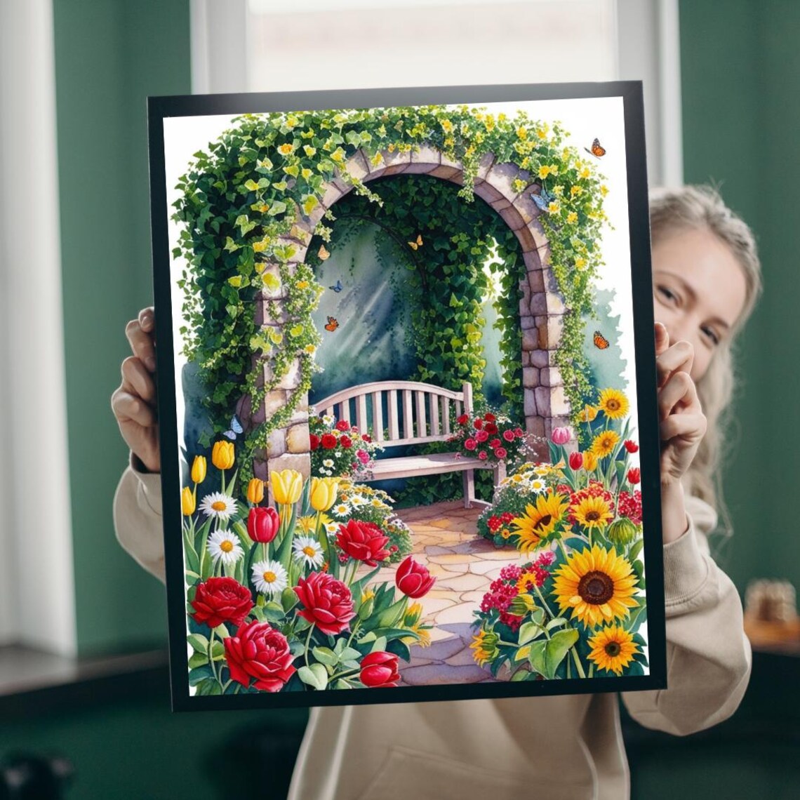 Flower Garden Stone Arch Bench Roses Tulips Sunflowers Watercolor Print