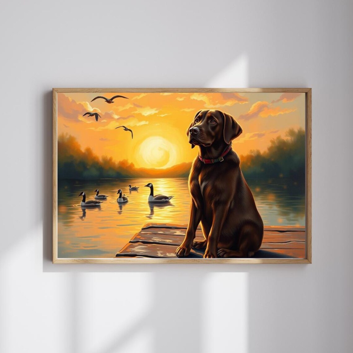 Chocolate Labrador At Golden Sunset Lake Geese Heartwarming Dog Poster