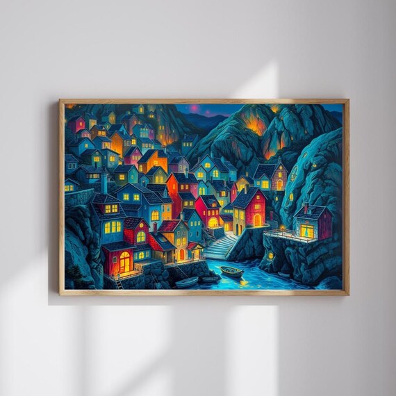 Glowing Neon Coastal Village Night on Rocky Cliffs Art Poster